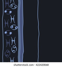 Vertical seamless pattern  of zodiac signs, doodles, object,cancer, pisces,stripes, spots,ellipses, copy space. Hand drawn.