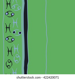 Vertical seamless pattern  of zodiac signs, doodles, object,cancer, pisces,stripes, spots,ellipses, copy space. Hand drawn.