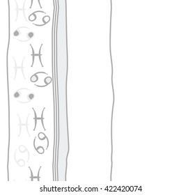 Vertical seamless pattern  of zodiac signs, doodles, object,cancer, pisces,stripes, spots,ellipses, copy space. Hand drawn.