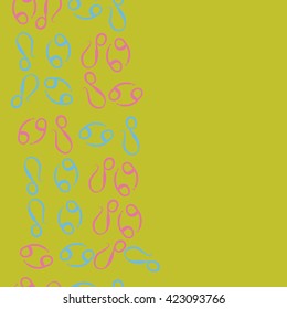 Vertical seamless  pattern  of zodiac signs, doodles, object,cancer,lions, copy space. Hand drawn.
