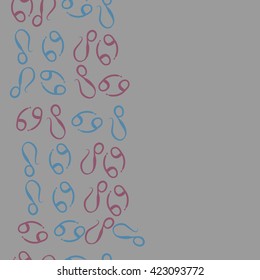 Vertical seamless  pattern  of zodiac signs, doodles, object,cancer,lions, copy space. Hand drawn.