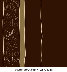 Vertical seamless pattern of zodiac signs, doodles, stripes,spot, object,cancer,virgo,aries,cancer,lion,scorpio,sagittarius,capricorn,aquarius,pisces, copy space. Hand drawn.