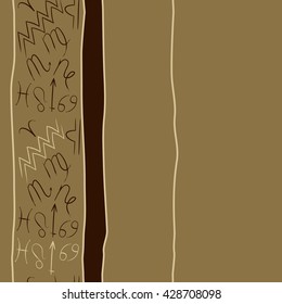 Vertical seamless pattern of zodiac signs, doodles, stripes,spot, object,cancer,virgo,aries,cancer,lion,scorpio,sagittarius,capricorn,aquarius,pisces, copy space. Hand drawn.