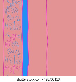 Vertical seamless pattern of zodiac signs, doodles, stripes,spot, object,cancer,virgo,aries,cancer,lion,scorpio,sagittarius,capricorn,aquarius,pisces, copy space. Hand drawn.