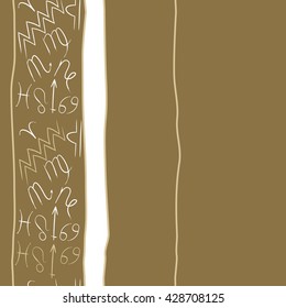 Vertical seamless pattern of zodiac signs, doodles, stripes,spot, object,cancer,virgo,aries,cancer,lion,scorpio,sagittarius,capricorn,aquarius,pisces, copy space. Hand drawn.