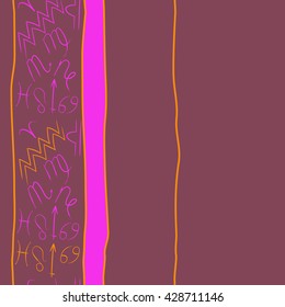 Vertical seamless pattern of zodiac signs, doodles, stripes,spot, object,cancer,virgo,aries,cancer,lion,scorpio,sagittarius,capricorn,aquarius,pisces, copy space. Hand drawn.