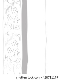 Vertical seamless pattern of zodiac signs, doodles, stripes,spot, object,cancer,virgo,aries,cancer,lion,scorpio,sagittarius,capricorn,aquarius,pisces, copy space. Hand drawn.