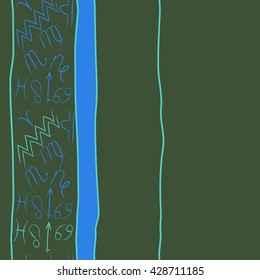 Vertical seamless pattern of zodiac signs, doodles, stripes,spot, object,cancer,virgo,aries,cancer,lion,scorpio,sagittarius,capricorn,aquarius,pisces, copy space. Hand drawn.