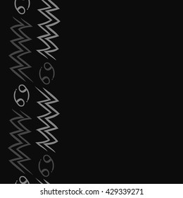Vertical seamless  pattern of zodiac signs, doodles,  object,cancer, aquarius, copy space. Hand drawn.
