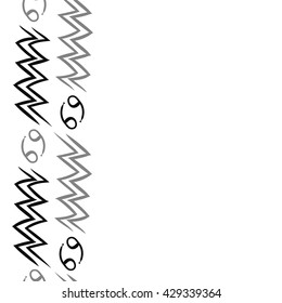 Vertical seamless  pattern of zodiac signs, doodles,  object,cancer, aquarius, copy space. Hand drawn.