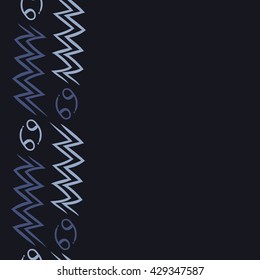 Vertical seamless  pattern of zodiac signs, doodles,  object,cancer, aquarius, copy space. Hand drawn.