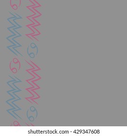 Vertical seamless  pattern of zodiac signs, doodles,  object,cancer, aquarius, copy space. Hand drawn.