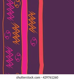 Vertical seamless  pattern of zodiac signs, doodles,  object,cancer, aquarius, stripes, spot, copy space. Hand drawn.