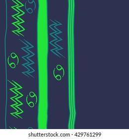 Vertical seamless  pattern of zodiac signs, doodles,  object,cancer, aquarius, stripes, spot, copy space. Hand drawn.