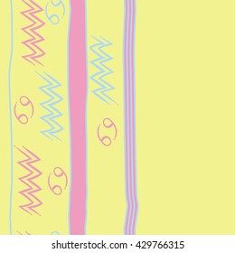 Vertical seamless  pattern of zodiac signs, doodles,  object,cancer, aquarius, stripes, spot, copy space. Hand drawn.