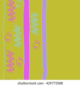 Vertical seamless  pattern of zodiac signs, doodles,  object,cancer, aquarius, stripes, spot, copy space. Hand drawn.