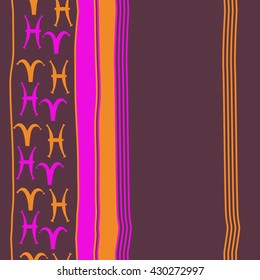 Vertical seamless  pattern of zodiac signs, doodles,  object,aries, pisces, stripes, copy space. Hand drawn.