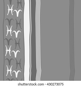 Vertical seamless  pattern of zodiac signs, doodles,  object,aries, pisces, stripes, copy space. Hand drawn.