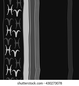 Vertical seamless  pattern of zodiac signs, doodles,  object,aries, pisces, stripes, copy space. Hand drawn.