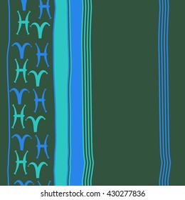 Vertical seamless  pattern of zodiac signs, doodles,  object,aries, pisces, stripes, copy space. Hand drawn.
