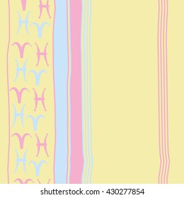 Vertical seamless  pattern of zodiac signs, doodles,  object,aries, pisces, stripes, copy space. Hand drawn.