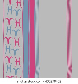 Vertical seamless  pattern of zodiac signs, doodles,  object,aries, pisces, stripes, copy space. Hand drawn.
