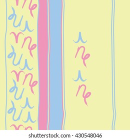 Vertical seamless  pattern of zodiac signs, doodles,  object,aries,capricorn, stripes, spots, copy space. Hand drawn.