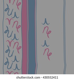 Vertical seamless  pattern of zodiac signs, doodles,  object,aries,capricorn, stripes, spots, copy space. Hand drawn.