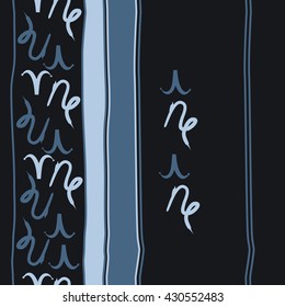 Vertical seamless  pattern of zodiac signs, doodles,  object,aries,capricorn, stripes, spots, copy space. Hand drawn.
