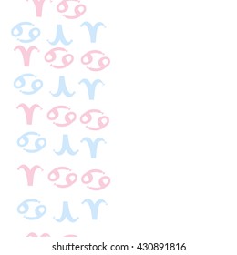 Vertical seamless  pattern of zodiac signs, doodles,  object,aries,cancer,  copy space. Hand drawn.
