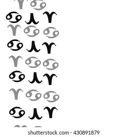 Vertical seamless  pattern of zodiac signs, doodles,  object,aries,cancer,  copy space. Hand drawn.