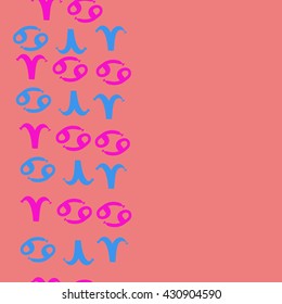 Vertical seamless  pattern of zodiac signs, doodles,  object,aries,cancer,  copy space. Hand drawn.
