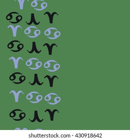 Vertical seamless  pattern of zodiac signs, doodles,  object,aries,cancer,  copy space. Hand drawn.