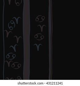 Vertical seamless  pattern of zodiac signs, doodles,  object,aries,cancer,stripes, spot,  copy space. Hand drawn.