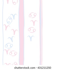 Vertical seamless  pattern of zodiac signs, doodles,  object,aries,cancer,stripes, spot,  copy space. Hand drawn.