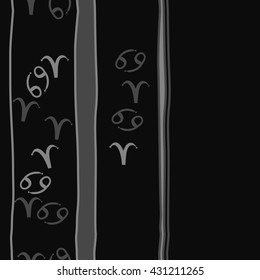 Vertical seamless  pattern of zodiac signs, doodles,  object,aries,cancer,stripes, spot,  copy space. Hand drawn.