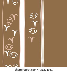 Vertical seamless  pattern of zodiac signs, doodles,  object,aries,cancer,stripes, spot,  copy space. Hand drawn.
