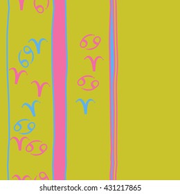 Vertical seamless  pattern of zodiac signs, doodles,  object,aries,cancer,stripes, spot,  copy space. Hand drawn.