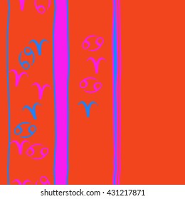 Vertical seamless  pattern of zodiac signs, doodles,  object,aries,cancer,stripes, spot,  copy space. Hand drawn.