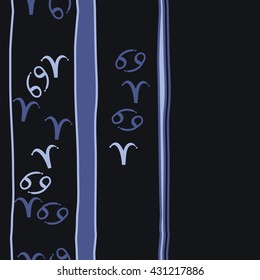 Vertical seamless  pattern of zodiac signs, doodles,  object,aries,cancer,stripes, spot,  copy space. Hand drawn.