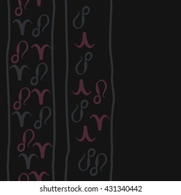 Vertical seamless  pattern of zodiac signs, doodles,  object,aries,lion,stripes,  copy space. Hand drawn.