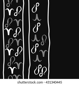 Vertical seamless  pattern of zodiac signs, doodles,  object,aries,lion,stripes,  copy space. Hand drawn.