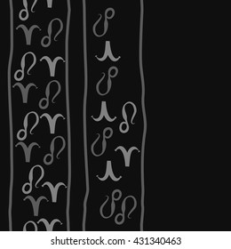 Vertical seamless  pattern of zodiac signs, doodles,  object,aries,lion,stripes,  copy space. Hand drawn.