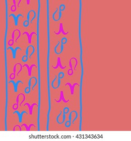 Vertical seamless  pattern of zodiac signs, doodles,  object,aries,lion,stripes,  copy space. Hand drawn.