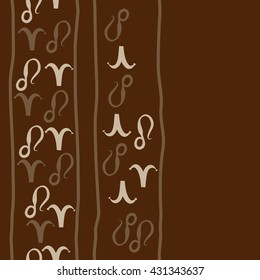 Vertical seamless  pattern of zodiac signs, doodles,  object,aries,lion,stripes,  copy space. Hand drawn.