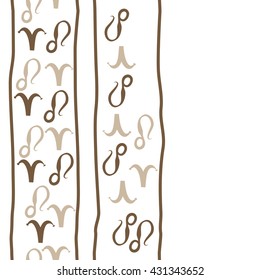 Vertical seamless  pattern of zodiac signs, doodles,  object,aries,lion,stripes,  copy space. Hand drawn.