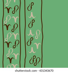 Vertical seamless  pattern of zodiac signs, doodles,  object,aries,lion,stripes,  copy space. Hand drawn.