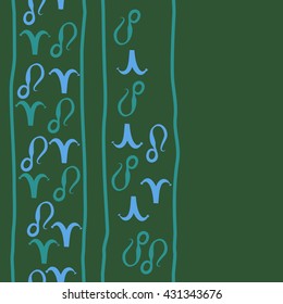 Vertical seamless  pattern of zodiac signs, doodles,  object,aries,lion,stripes,  copy space. Hand drawn.
