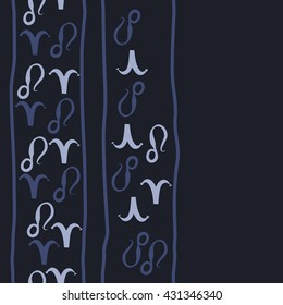 Vertical seamless  pattern of zodiac signs, doodles,  object,aries,lion,stripes,  copy space. Hand drawn.