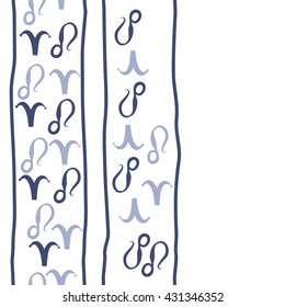 Vertical seamless  pattern of zodiac signs, doodles,  object,aries,lion,stripes,  copy space. Hand drawn.